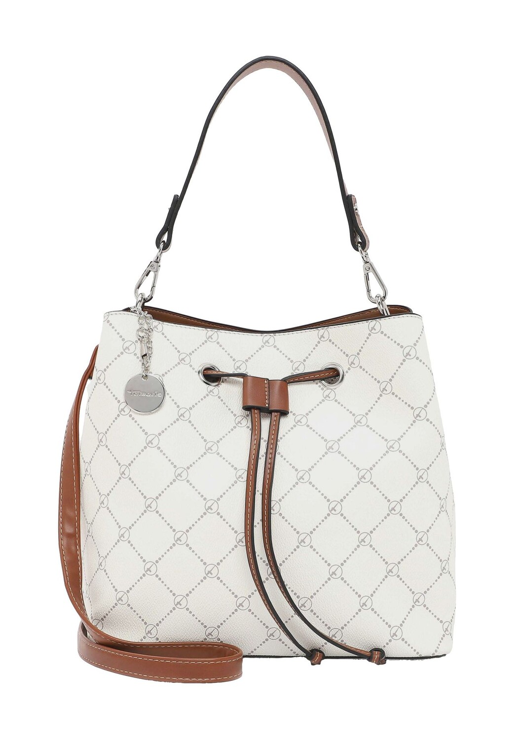 Женская сумка-ведро с подвеской и логотипом Tamaris, экрю 
Женская сумка-ведро с подвеской и логотипом Tamaris, экрю