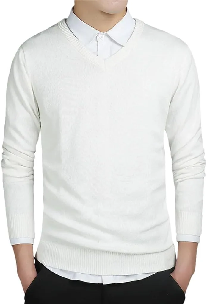 Мужской однотонный вязаный свитер с V-образным вырезом
Мужской однотонный вязаный свитер с V-образным вырезом