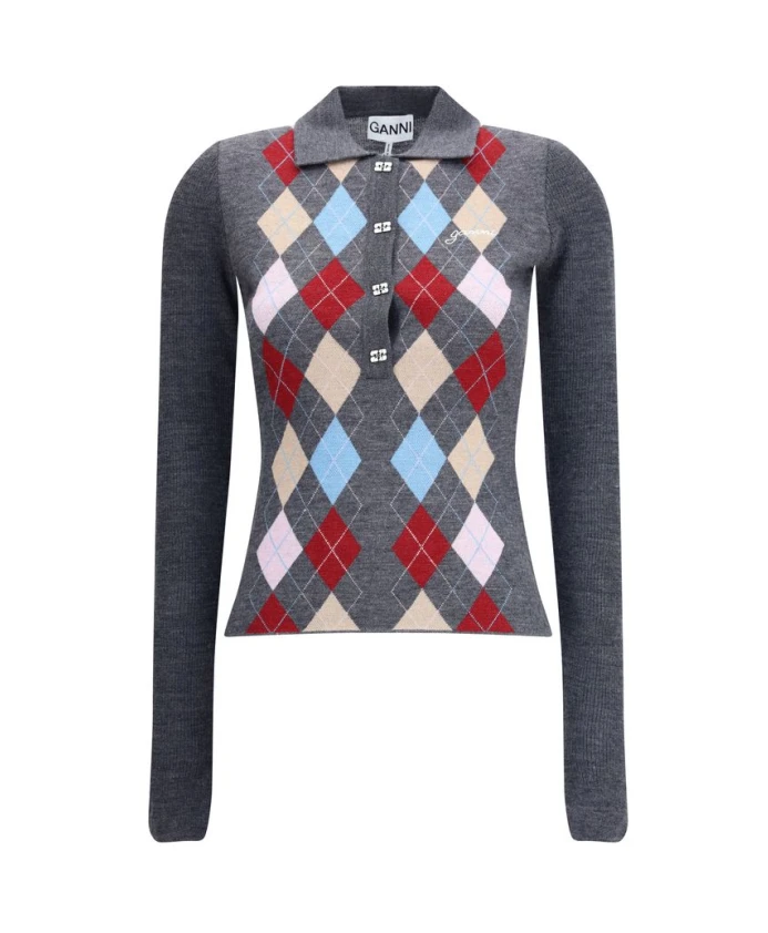 Поло-Свитер с ромбовидным принтом Ganni, серый
Поло-Свитер с ромбовидным принтом Ganni, серый