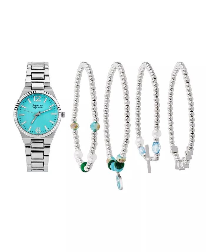 Женские аналоговые часы из блестящего серебряного металлического сплава, 33 мм, со штабелируемыми браслетами, подарочный набор American Exchange, серебро, Бирюзовый, Женские аналоговые часы из блестящего серебряного металлического сплава, 33 мм, со штабел
Женские аналоговые часы из блестящего серебряного металлического сплава, 33 мм, со штабелируемыми браслетами, подарочный набор American Exchange, серебро, Бирюзовый, Женские аналоговые часы из блестящего серебряного металлического сплава, 33 мм, со штабел
