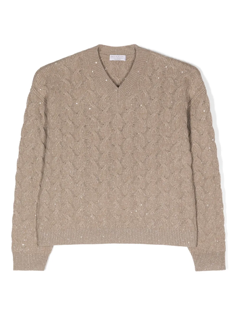 Джемпер косовой вязки, украшенный пайетками Brunello Cucinelli Kids, нейтральный
Джемпер косовой вязки, украшенный пайетками Brunello Cucinelli Kids, нейтральный