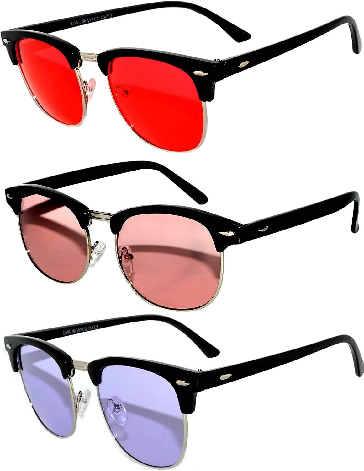 OWL Набор из 3 полуободковых солнцезащитных очков из металла и пластика для женщин и мужчин, защита от УФ-излучения UV400, дымчатые, тонированные, зеркальные линзы, ретро-стиль, Black Red, Pink, Purple Tint
OWL Набор из 3 полуободковых солнцезащитных очков из металла и пластика для женщин и мужчин, защита от УФ-излучения UV400, дымчатые, тонированные, зеркальные линзы, ретро-стиль, Black Red, Pink, Purple Tint