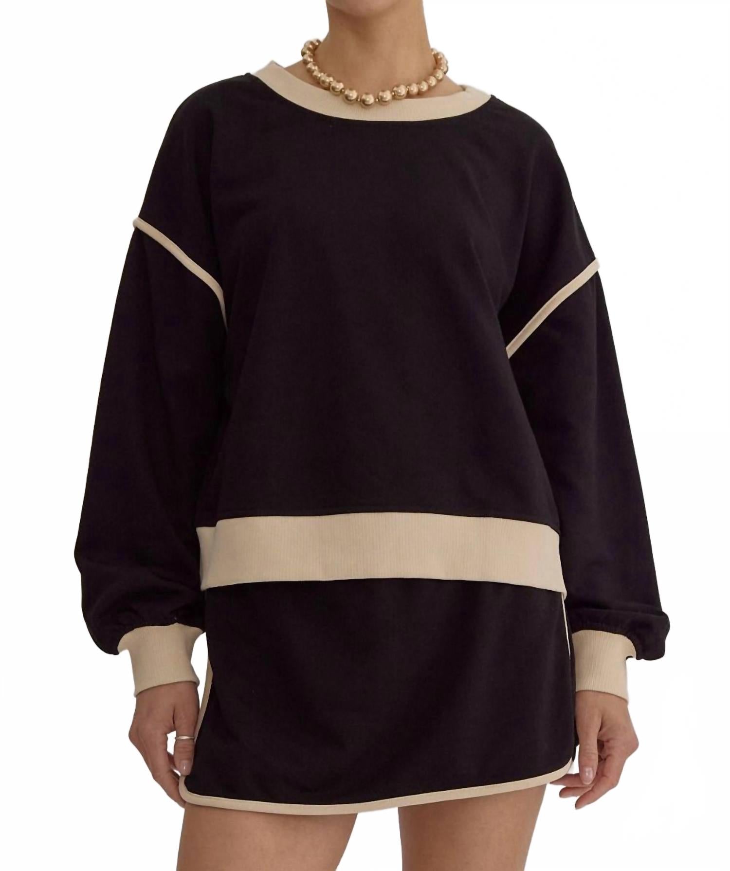 Однотонный топ с длинными рукавами и контрастной отделкой, черный цвет Entro 
Однотонный топ с длинными рукавами и контрастной отделкой, черный цвет Entro