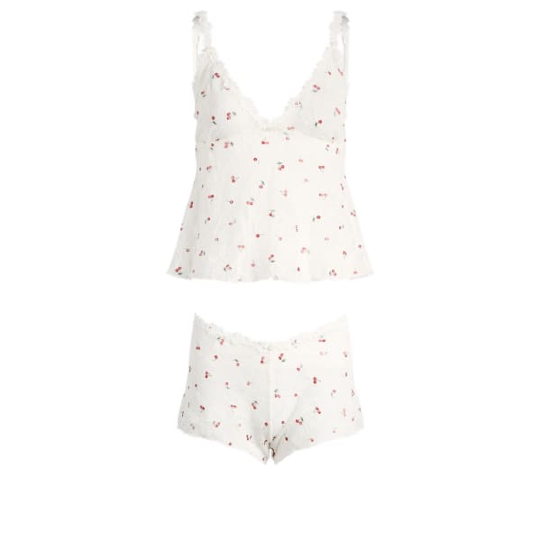 Комплект из эластичного кружевного топа-майки и шорт Skims, айвори cherry print
Комплект из эластичного кружевного топа-майки и шорт Skims, айвори cherry print