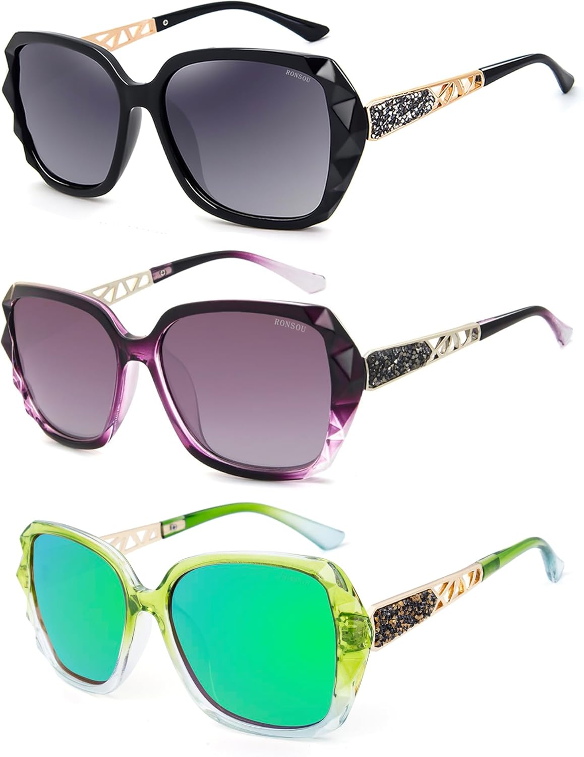 RONSOU Модные солнцезащитные очки для женщин, увеличенного размера, поляризованные, с защитой от УФ-излучения, винтажные классические солнцезащитные очки для женщин, A2 3pcs Black/Grey + Purple + Green
RONSOU Модные солнцезащитные очки для женщин, увеличенного размера, поляризованные, с защитой от УФ-излучения, винтажные классические солнцезащитные очки для женщин, A2 3pcs Black/Grey + Purple + Green