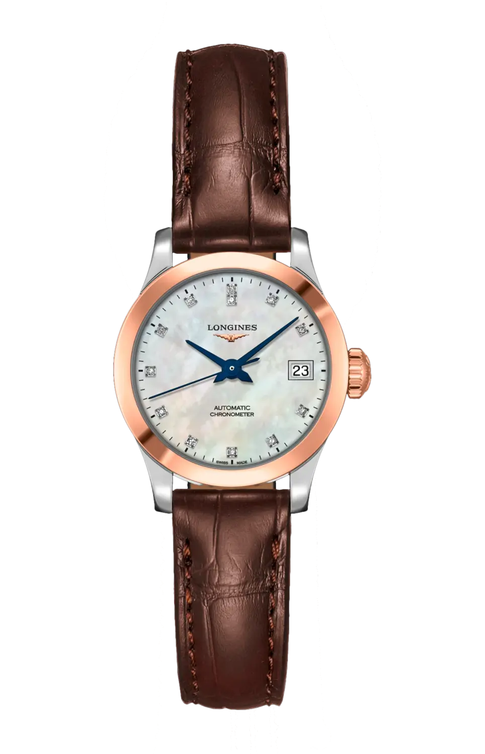 Часы Longines Record collection с розовым золотом, бриллиантами и перламутром 26 мм
Часы Longines Record collection с розовым золотом, бриллиантами и перламутром 26 мм