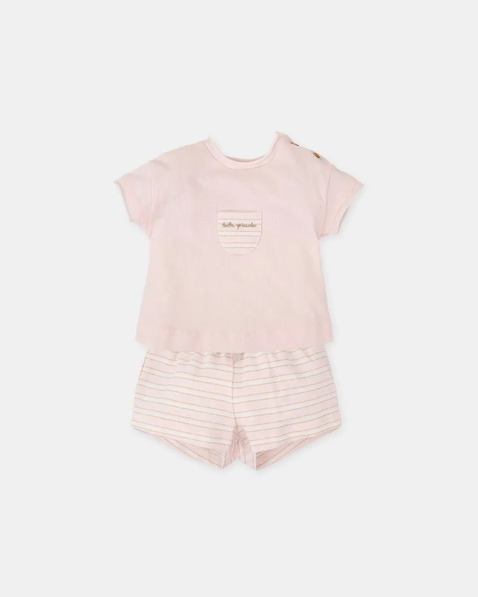Детский комплект из розовой футболки и полосатых шорт Tutto Piccolo, розовый
Детский комплект из розовой футболки и полосатых шорт Tutto Piccolo, розовый