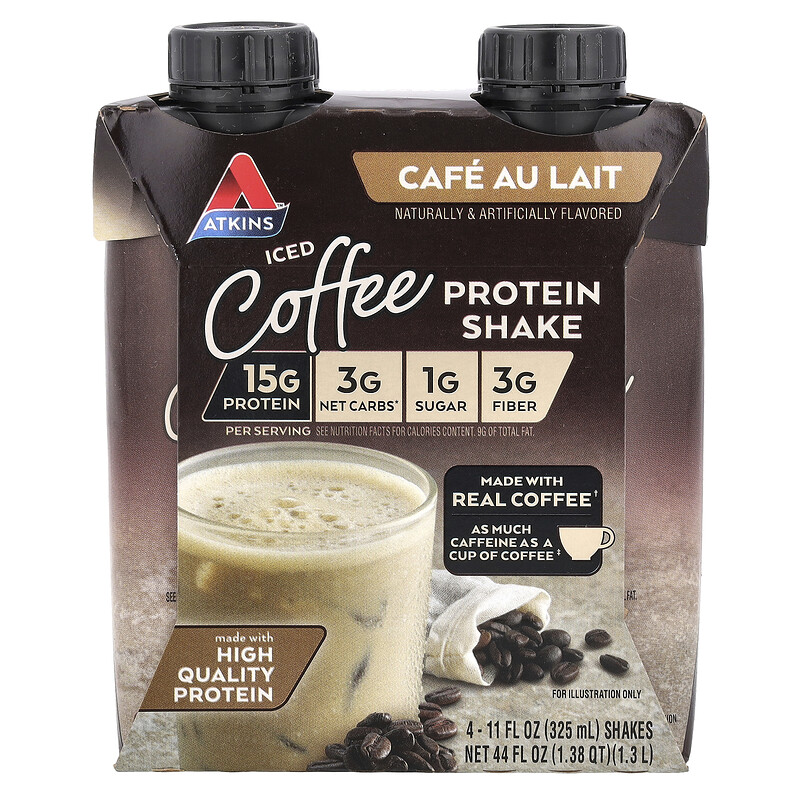 Atkins, Кофейный протеиновый коктейль со льдом, Cafe Au Lait, 4 коктейля, 325 мл (11 жидк. унц.)
Atkins, Кофейный протеиновый коктейль со льдом, Cafe Au Lait, 4 коктейля, 325 мл (11 жидк. унц.)