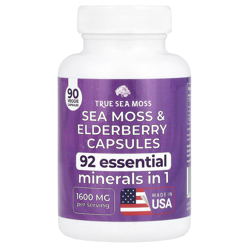 True Sea Moss, Морской мох и бузина, 1600 мг, 90 растительных капсул (800 мг в каждой капсуле)
True Sea Moss, Морской мох и бузина, 1600 мг, 90 растительных капсул (800 мг в каждой капсуле)