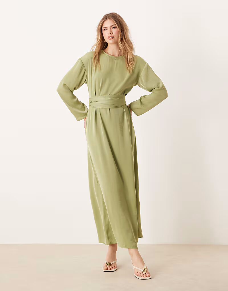 Длинное атласное платье с завязками на спине ASOS DESIGN в цвете шалфейно-зеленый