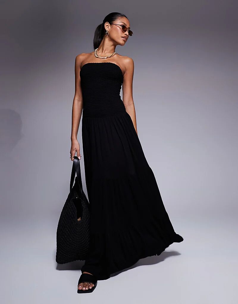 Платье-бандо ASOS DESIGN с жатым лифом, многоярусным лифом и сборками, черное 
Платье-бандо ASOS DESIGN с жатым лифом, многоярусным лифом и сборками, черное