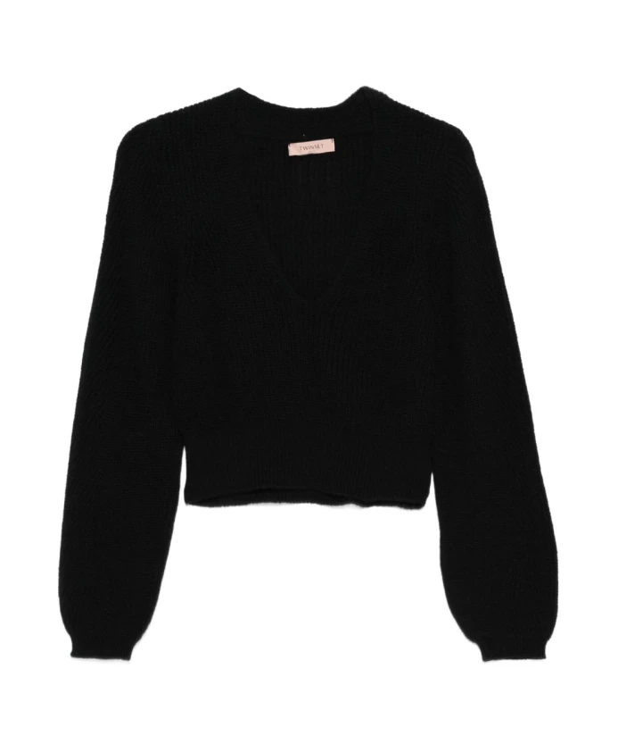 Черный трикотажный свитер с V-образным вырезом в рубчик Twinset, черный
Черный трикотажный свитер с V-образным вырезом в рубчик Twinset, черный