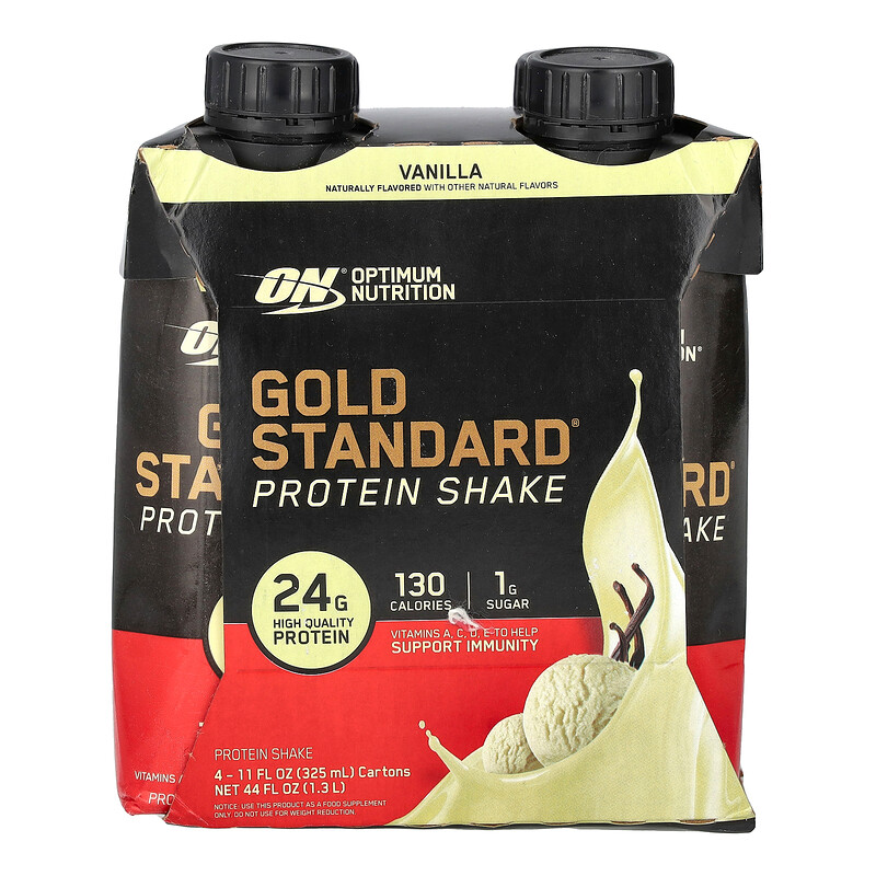 Optimum Nutrition, протеиновый коктейль Gold Standard, со вкусом ванили, 4 упаковки по 325 мл (11 жидк. унций) 
Optimum Nutrition, протеиновый коктейль Gold Standard, со вкусом ванили, 4 упаковки по 325 мл (11 жидк. унций)