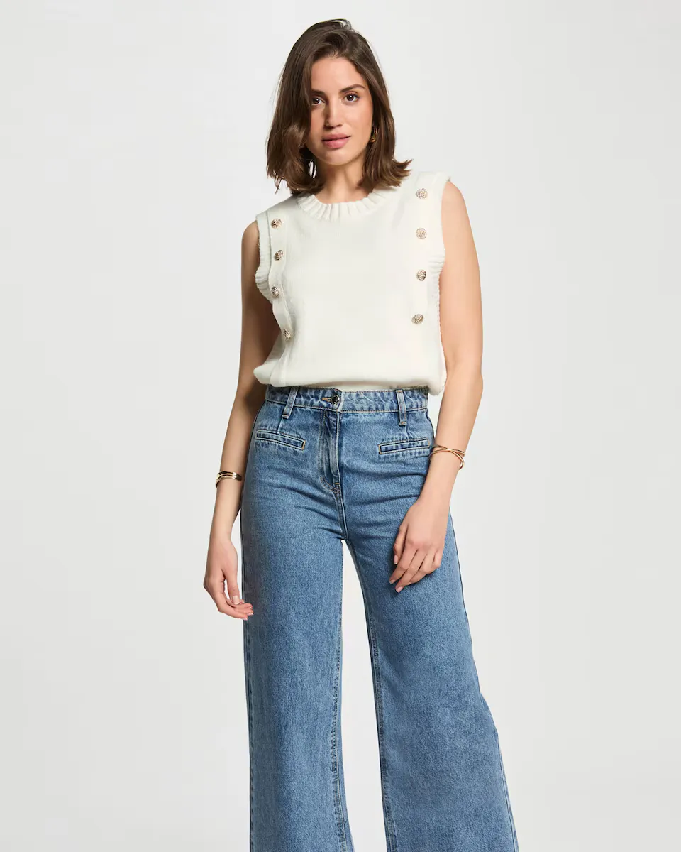 Женский джемпер без рукавов с декоративными пуговицами Morgan, белый
Женский джемпер без рукавов с декоративными пуговицами Morgan, белый