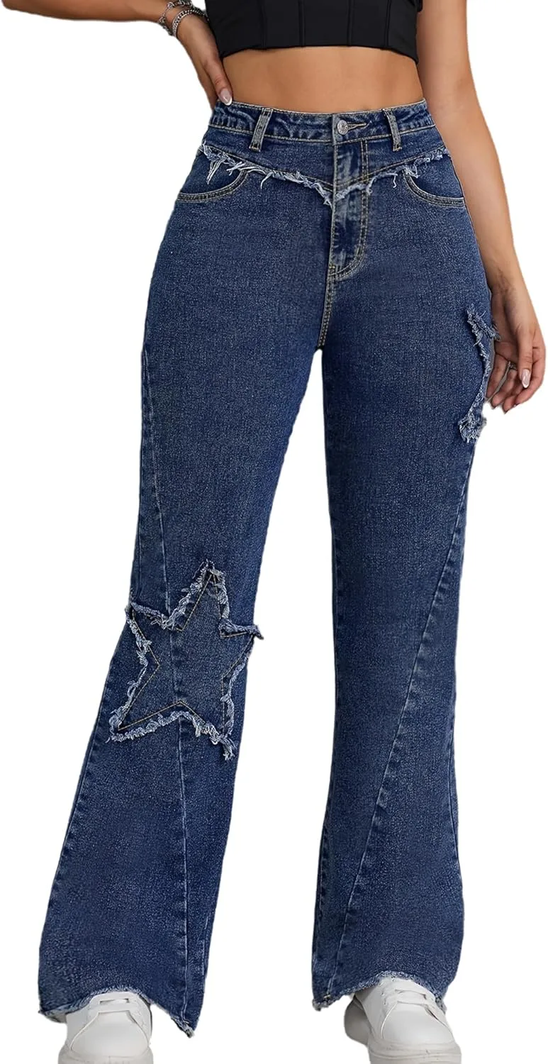 Женские джинсы с высокой талией и расклешенным силуэтом, с модными звездными аппликациями и рваным краем TACSTRUN
Женские джинсы с высокой талией и расклешенным силуэтом, с модными звездными аппликациями и рваным краем TACSTRUN