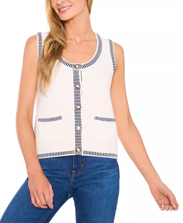 Женский безрукавный свитер с полосатым краем CeCe, белый
Женский безрукавный свитер с полосатым краем CeCe, белый