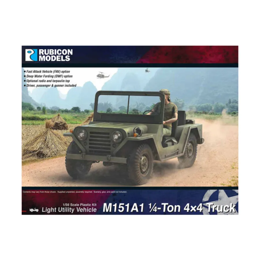 M151A1 1/4-тонный грузовой автомобиль 4x4, Vietnam War (28mm) (Rubicon Models)
M151A1 1/4-тонный грузовой автомобиль 4x4, Vietnam War (28mm) (Rubicon Models)