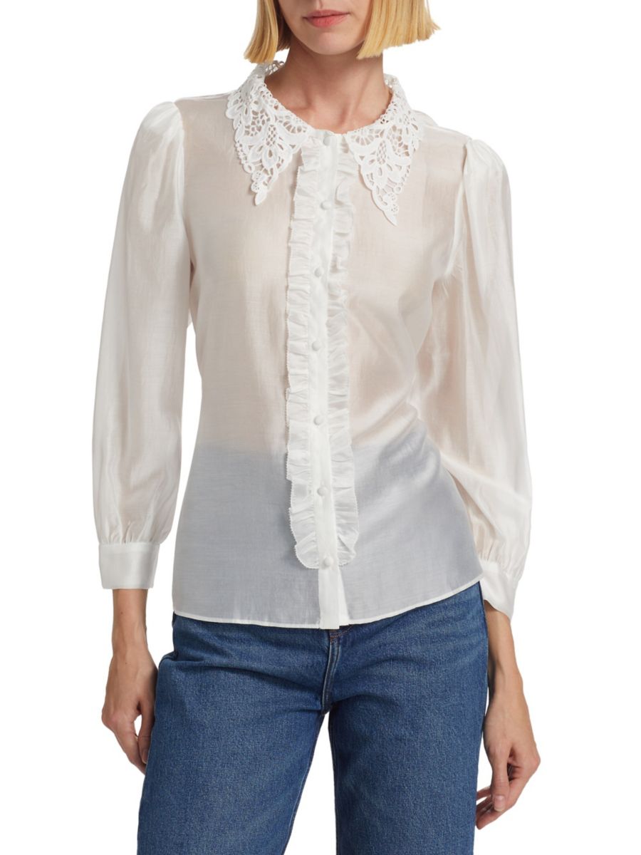 Рубашка с оборками в стиле Инди Reformation, белый 
Рубашка с оборками в стиле Инди Reformation, белый