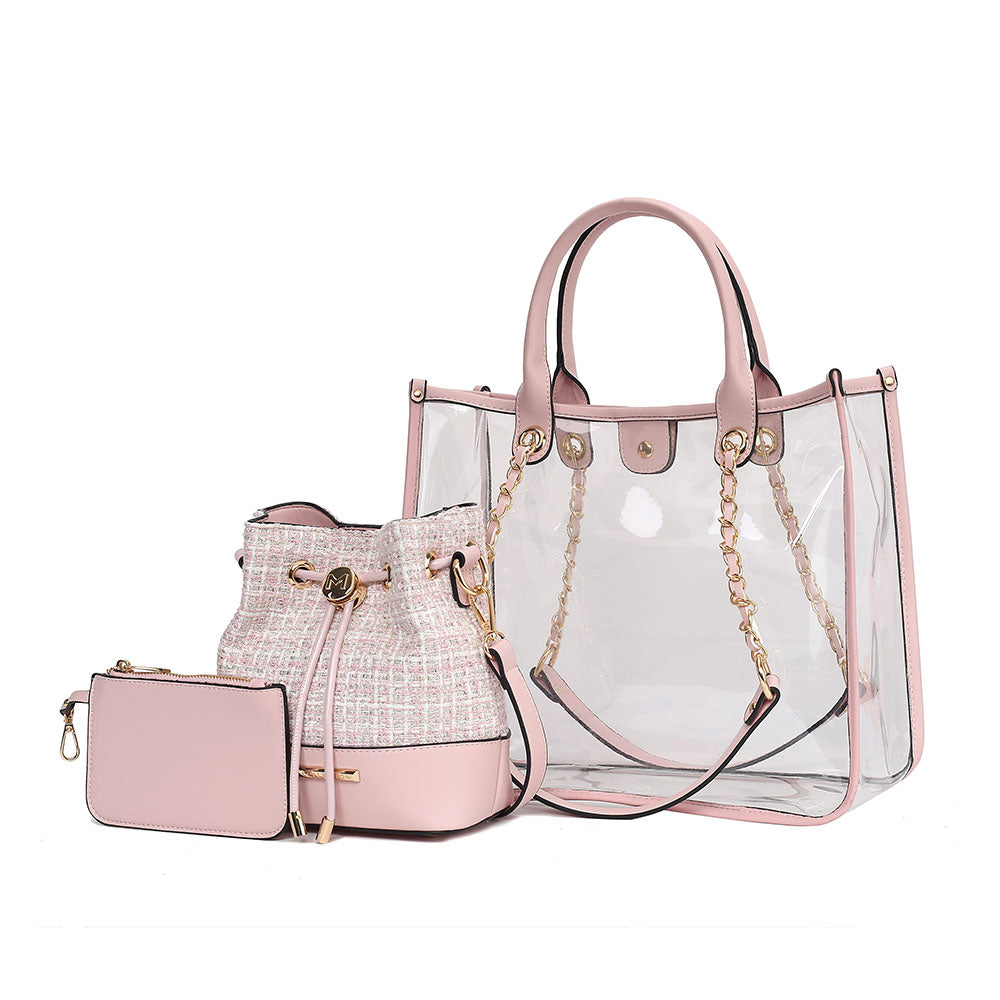 Сумка Diva PVC с твидовой ведерком и маленьким клатчем от Mia K MKF, розовый
Сумка Diva PVC с твидовой ведерком и маленьким клатчем от Mia K MKF, розовый