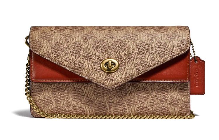 Плечевая сумка через плечо маленькая женская из лакированного холста с телячьей кожей, коричневая и красная COACH 
Плечевая сумка через плечо маленькая женская из лакированного холста с телячьей кожей, коричневая и красная COACH