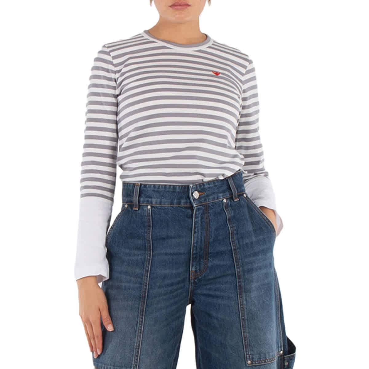 Cdg Play Футболка с длинным рукавом с горизонтальной полосатой эмблемой в виде сердца, серый/белый 
Cdg Play Футболка с длинным рукавом с горизонтальной полосатой эмблемой в виде сердца, серый/белый