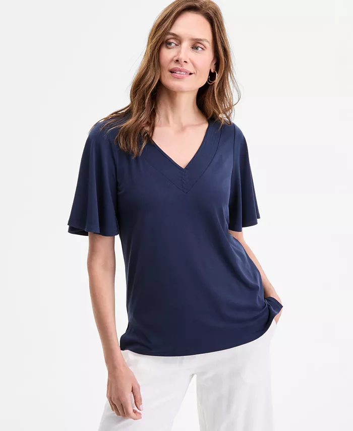 Женский трикотажный топ с V-образным вырезом и короткими рукавами JM Collection, синий
Женский трикотажный топ с V-образным вырезом и короткими рукавами JM Collection, синий