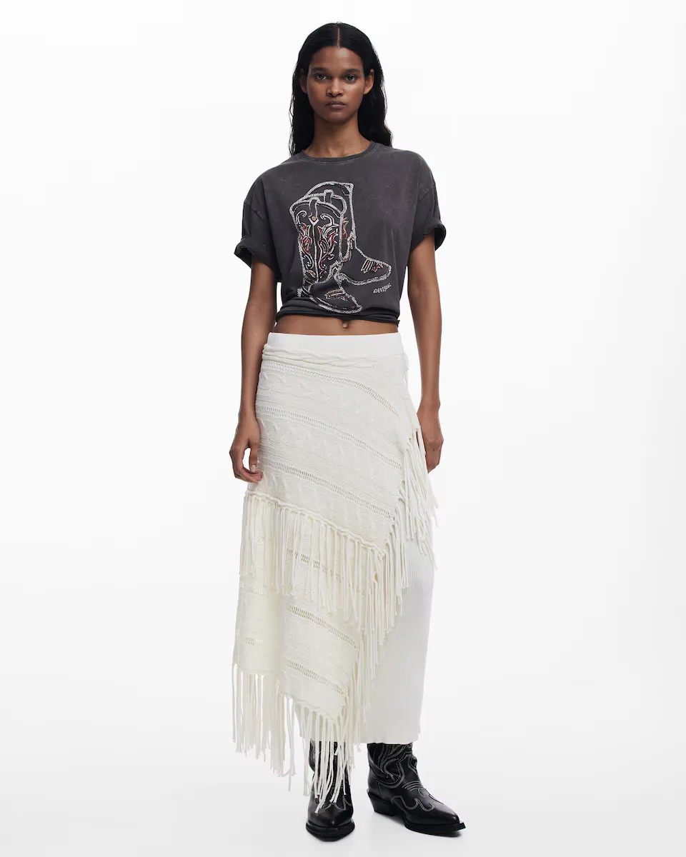 Юбка трикотажная с бахромой Desigual, белый 
Юбка трикотажная с бахромой Desigual, белый