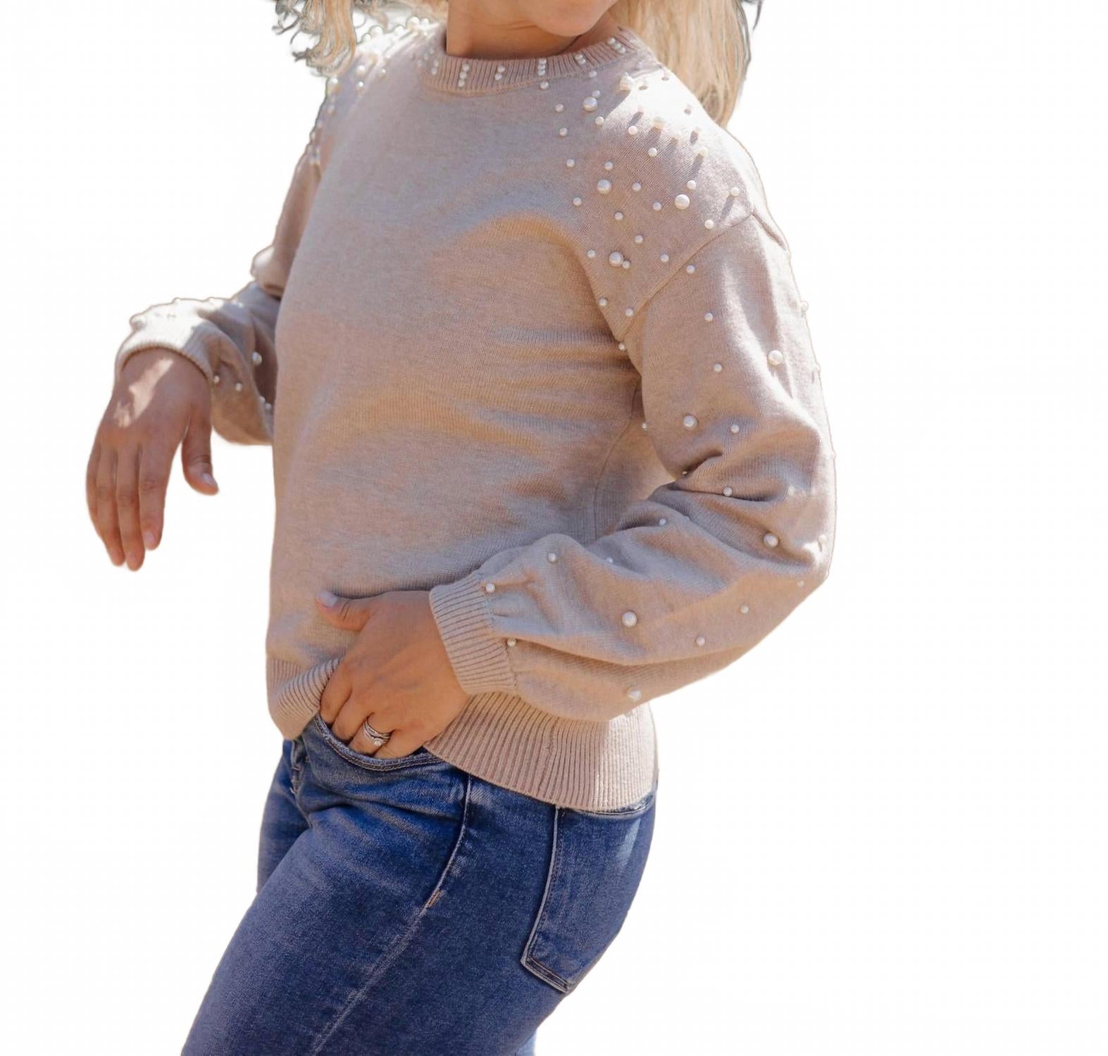 Бежевый свитер с длинным рукавом и жемчужной отделкой Threaded Pear
Бежевый свитер с длинным рукавом и жемчужной отделкой Threaded Pear