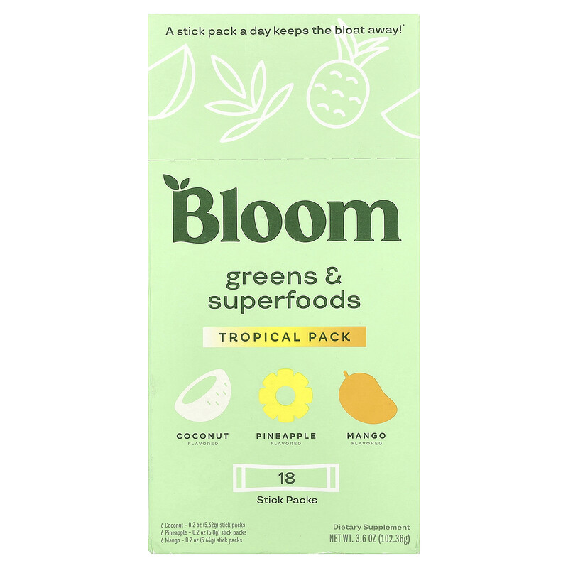 Bloom, Greens & Superfoods, тропическая упаковка, 18 пакетиков, 102,36 г (3,6 унции)
Bloom, Greens & Superfoods, тропическая упаковка, 18 пакетиков, 102,36 г (3,6 унции)