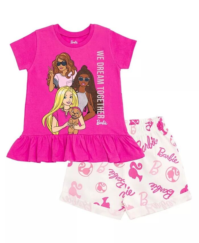 Комплект одежды из футболки с баской и шорт из твила для маленьких девочек (2T–14–16 лет) Barbie, розовый