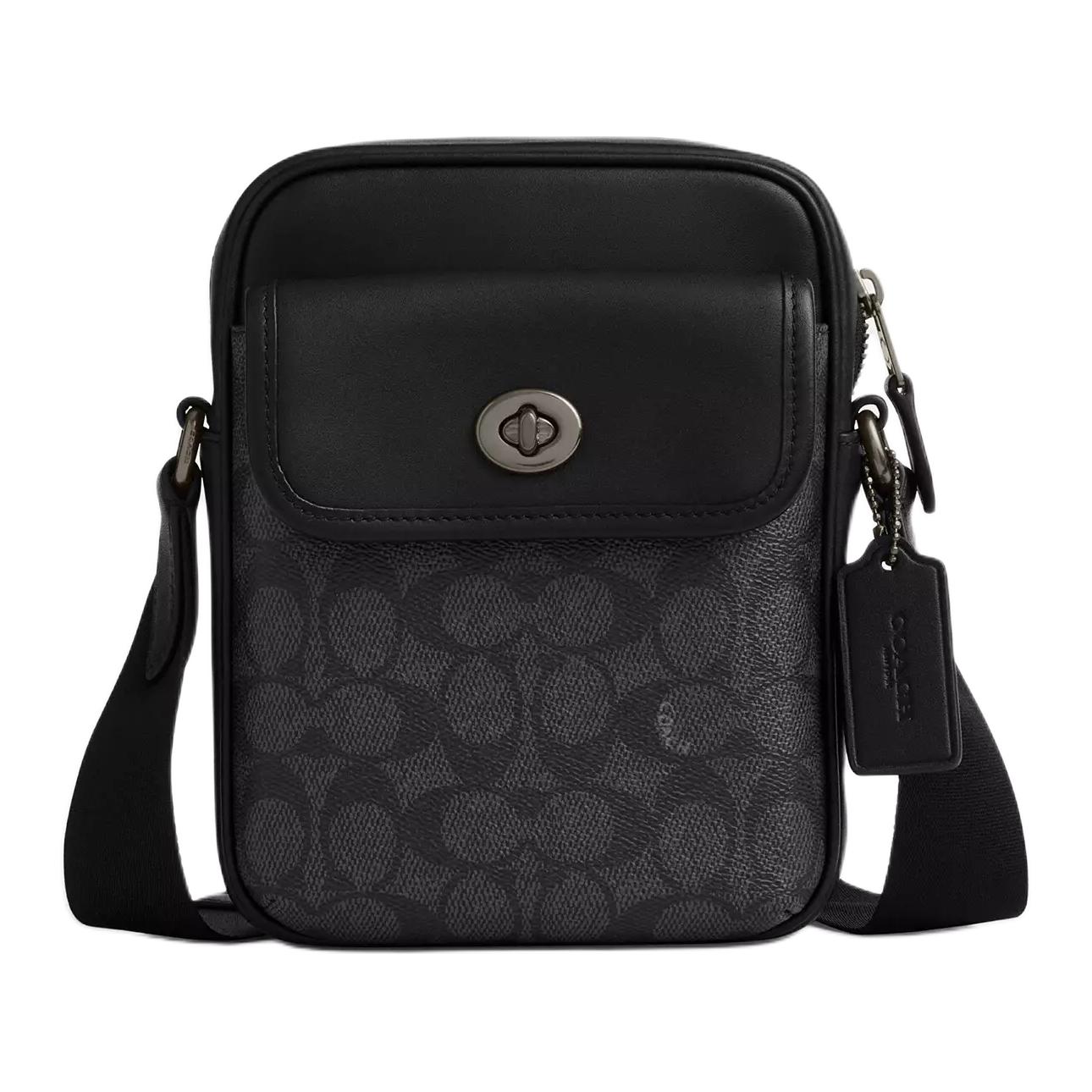 COACH Поворотный замок Гладкая Кожаная Мини Сумка Через Плечо Мужская Угольно-Серая и Черная