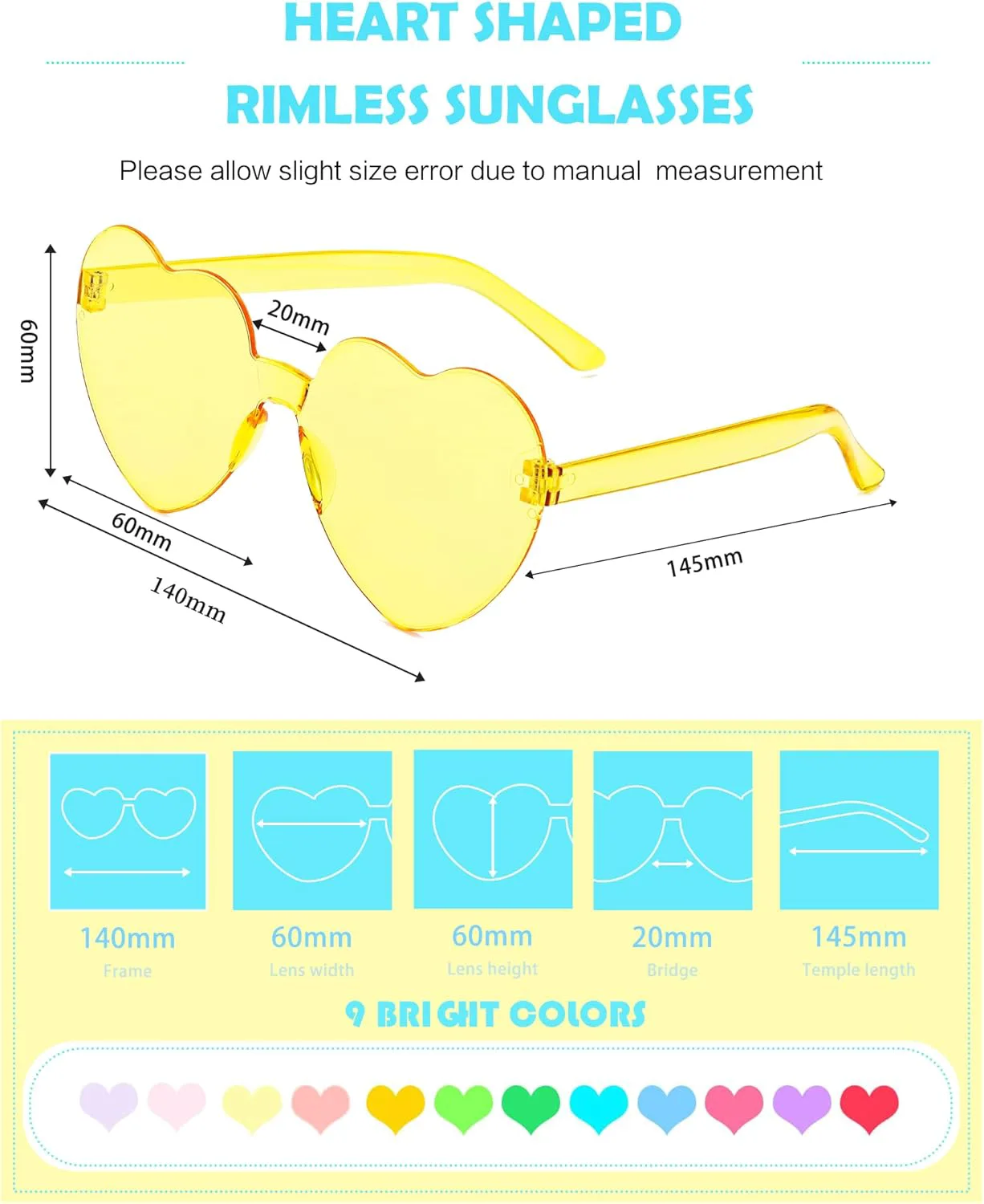 14/16/18 пар солнцезащитных очков в форме сердца, конфетные цвета, без оправы, забавные очки в форме сердца для женщин, сувениры для вечеринок LYMOJOR, 18 Pack Yellow
14/16/18 пар солнцезащитных очков в форме сердца, конфетные цвета, без оправы, забавные очки в форме сердца для женщин, сувениры для вечеринок LYMOJOR, 18 Pack Yellow