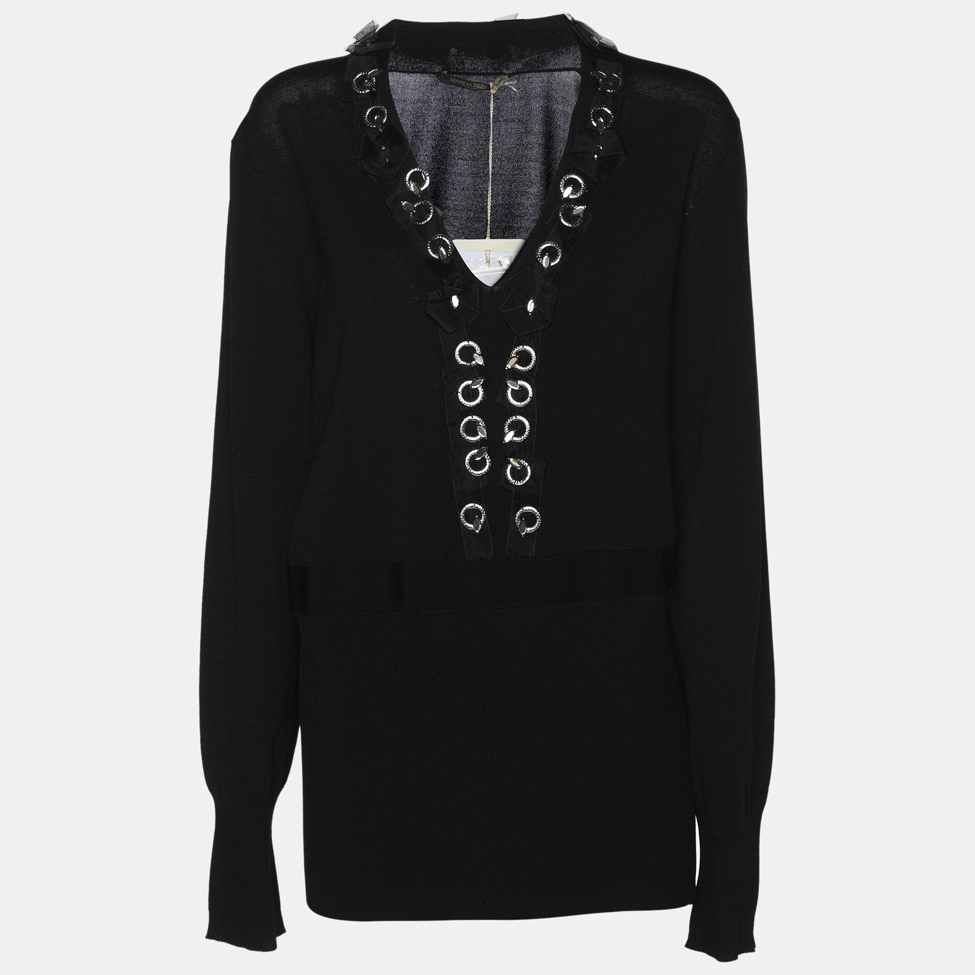 Черная трикотажная блузка с длинными рукавами и отделкой от Marina Rinaldi
Черная трикотажная блузка с длинными рукавами и отделкой от Marina Rinaldi