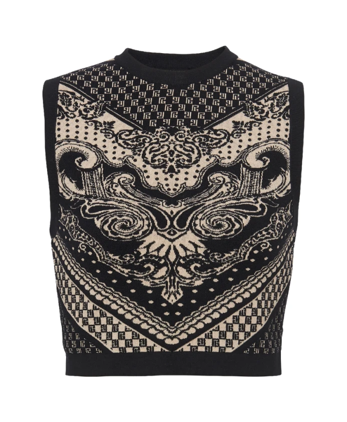 Вязаный топ с монограммой и пейсли Balmain, черный
Вязаный топ с монограммой и пейсли Balmain, черный