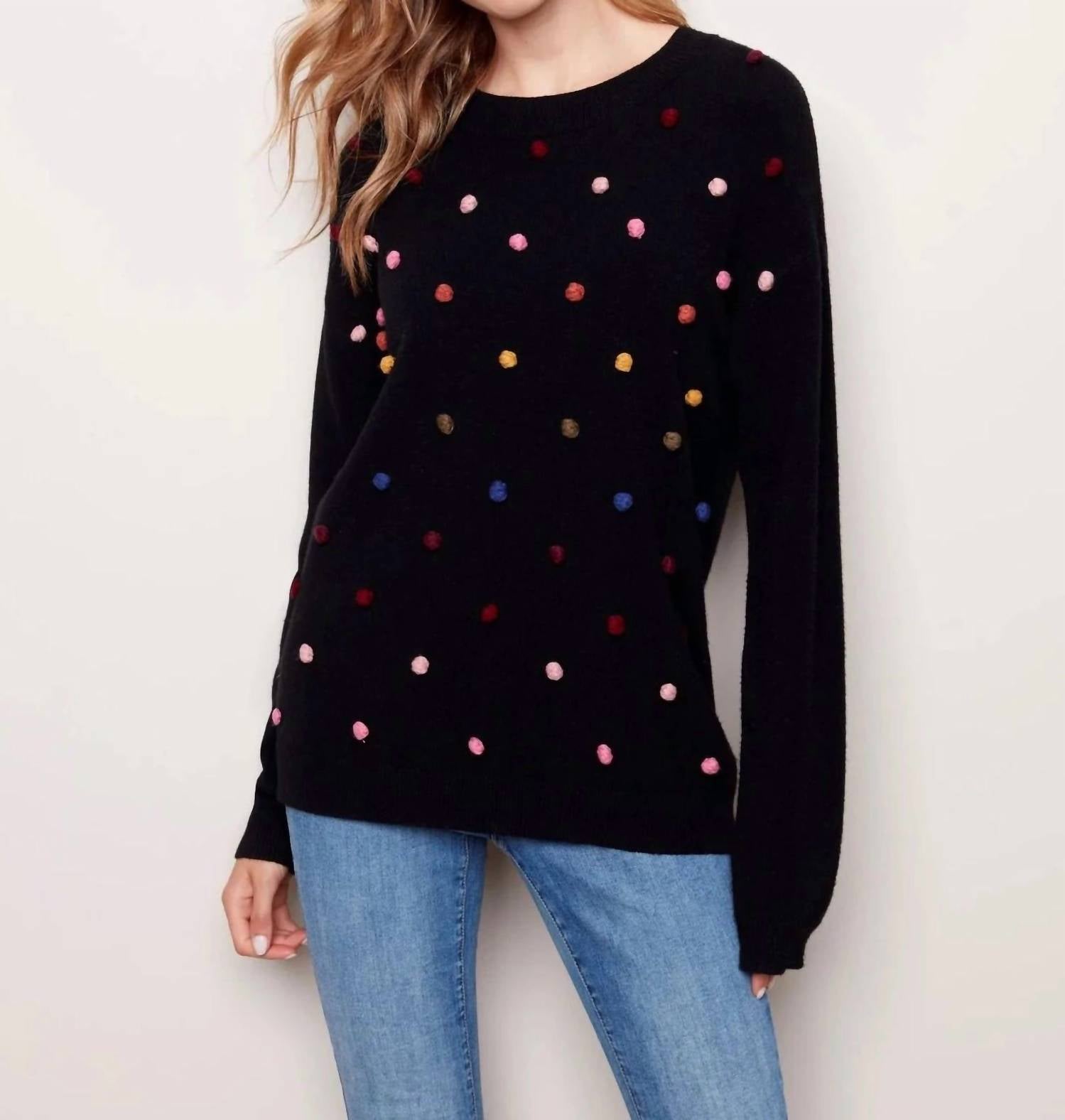 Круглый вырез с помпонами, свитер-пуловер черного цвета с разноцветными помпонами CHARLIE B
Круглый вырез с помпонами, свитер-пуловер черного цвета с разноцветными помпонами CHARLIE B