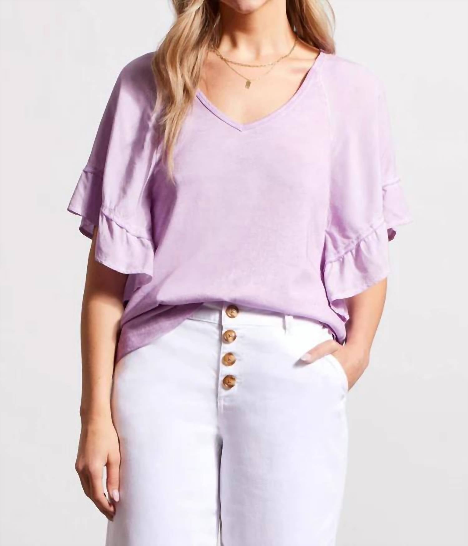 Топ с короткими рукавами и двойными оборками реглан потоп V-образного выреза в сиреневом цвете TRIBAL
Топ с короткими рукавами и двойными оборками реглан потоп V-образного выреза в сиреневом цвете TRIBAL
