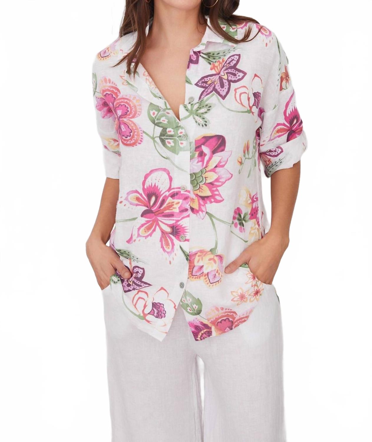 Тропическая льняная рубашка в белый цветочек Milio Milano
Тропическая льняная рубашка в белый цветочек Milio Milano