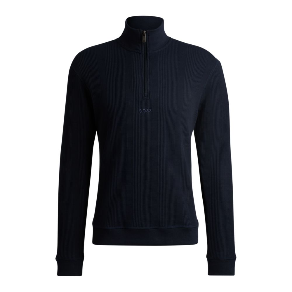 Свитер с застежкой-молнией из хлопка с вафельной структурой BOSS, темно-синий
Свитер с застежкой-молнией из хлопка с вафельной структурой BOSS, темно-синий