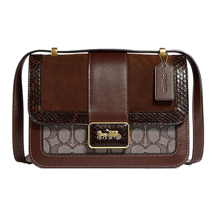 Алие Ткань с Кожаной Посыльной Сумкой Маленькая Квадратная Сумка Через Плечо Наплечная Сумка Женская Коричневая COACH