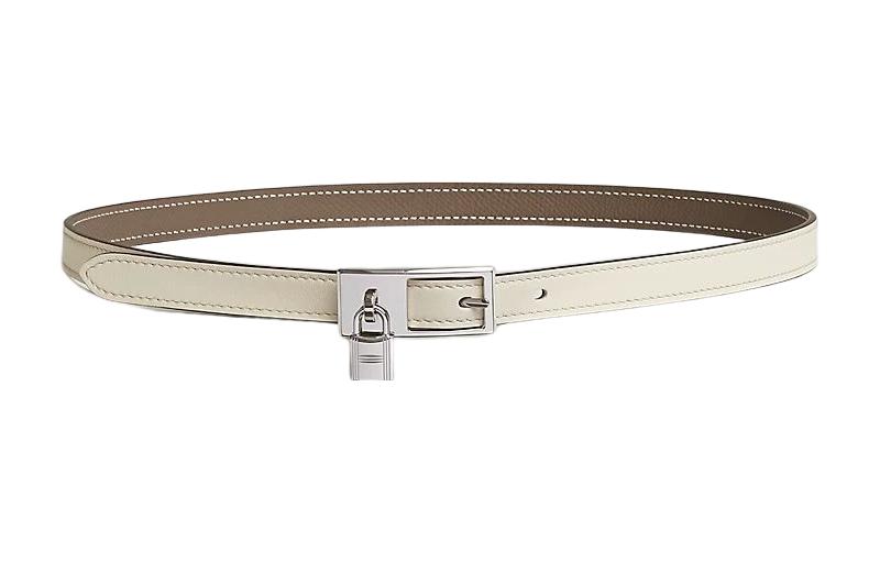 HERMES Классический женский ремень с серебряной пряжкой в виде висячего замка, Cream White/Elephant Gray
HERMES Классический женский ремень с серебряной пряжкой в виде висячего замка, Cream White/Elephant Gray