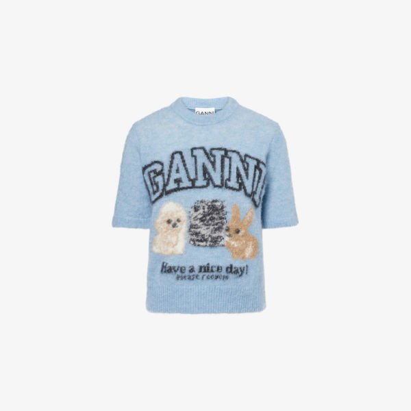 Вязаный топ Puppies Ganni из шерстяной смеси с логотипом, голубой
Вязаный топ Puppies Ganni из шерстяной смеси с логотипом, голубой