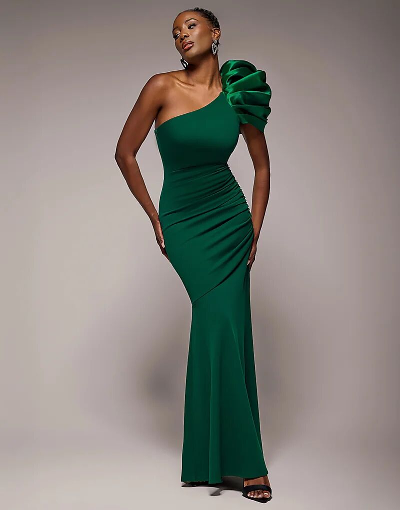 Вечернее макси-платье Goddiva на одно плечо с пышными рукавами из атласа изумрудно-зеленого цвета