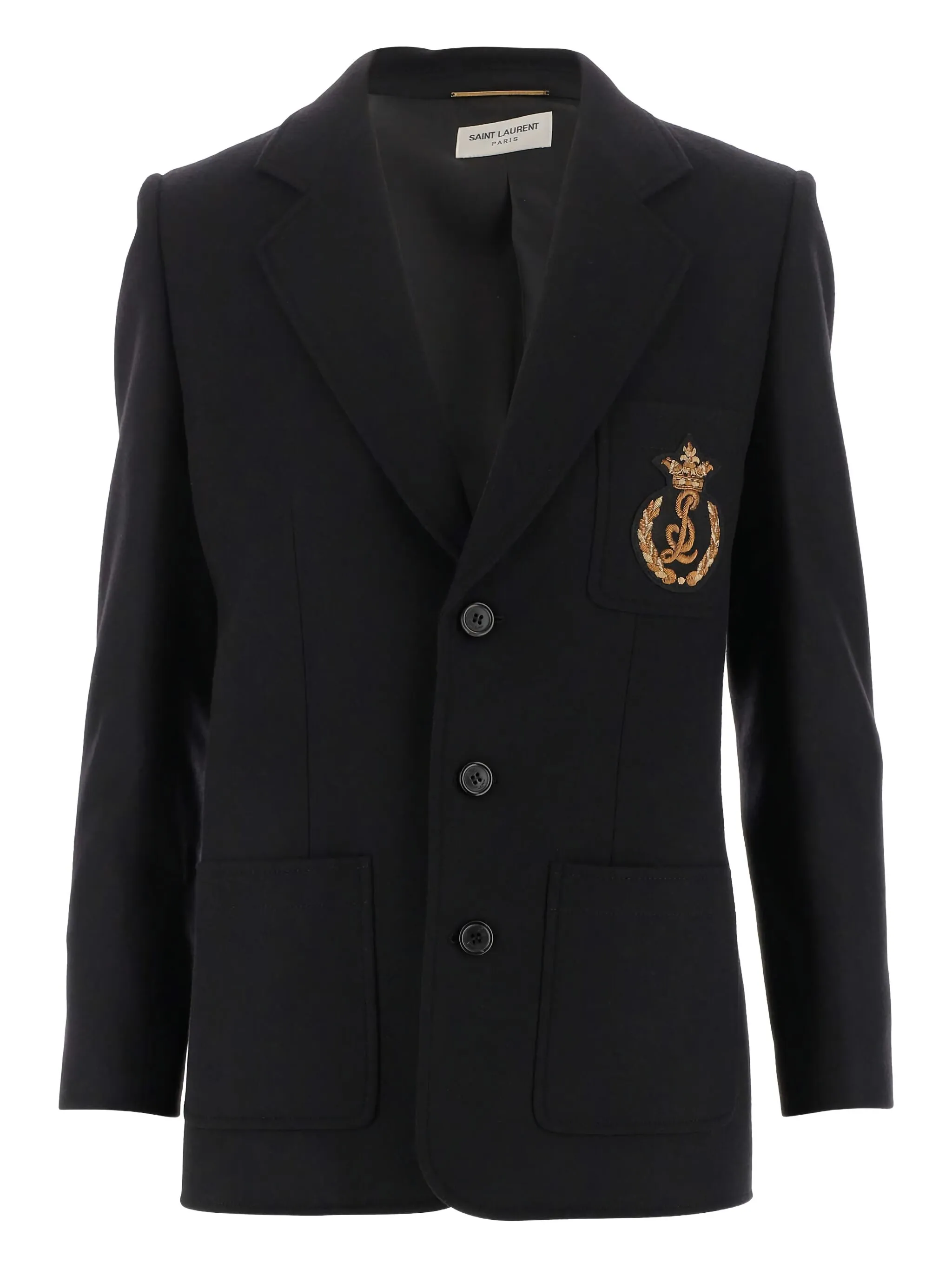Однобортный блейзер с вышитым логотипом Saint Laurent, черный
Однобортный блейзер с вышитым логотипом Saint Laurent, черный