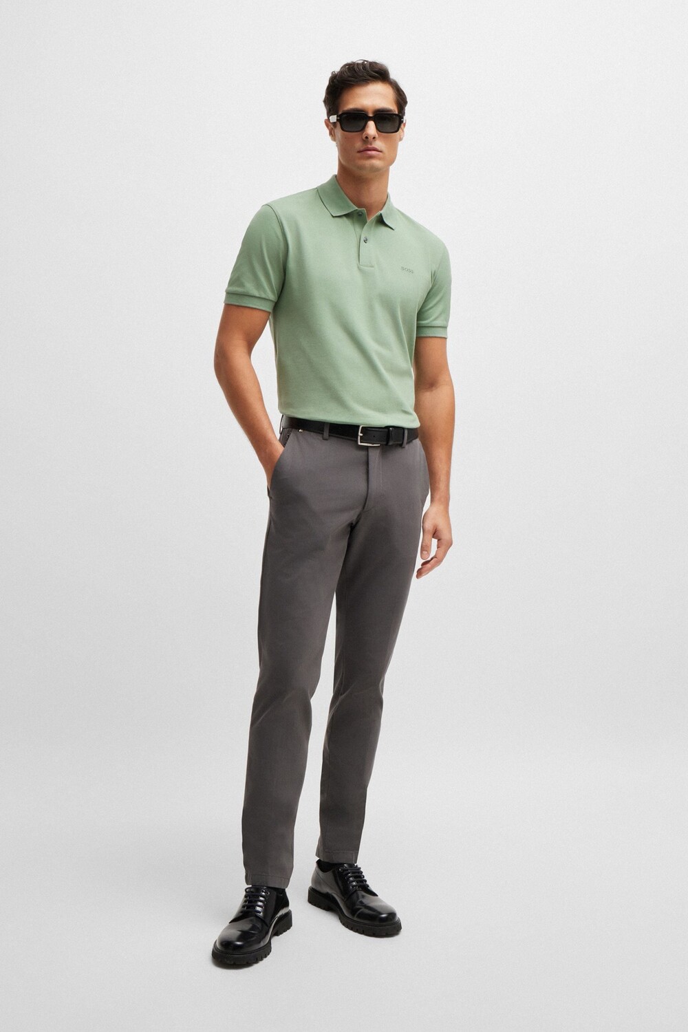 Хлопковая рубашка поло с вышитым логотипом Boss, зеленый 
Хлопковая рубашка поло с вышитым логотипом Boss, зеленый