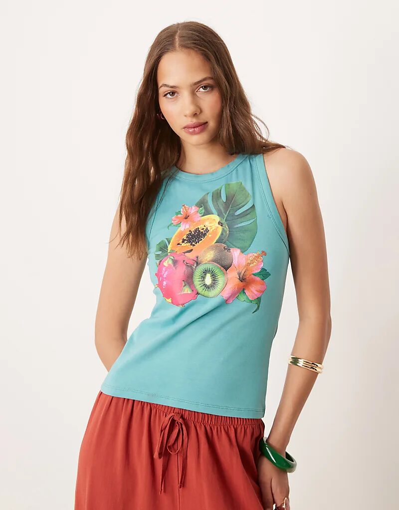 Майка-борцовка ASOS DESIGN с принтом тропических фруктов бирюзового цвета 
Майка-борцовка ASOS DESIGN с принтом тропических фруктов бирюзового цвета