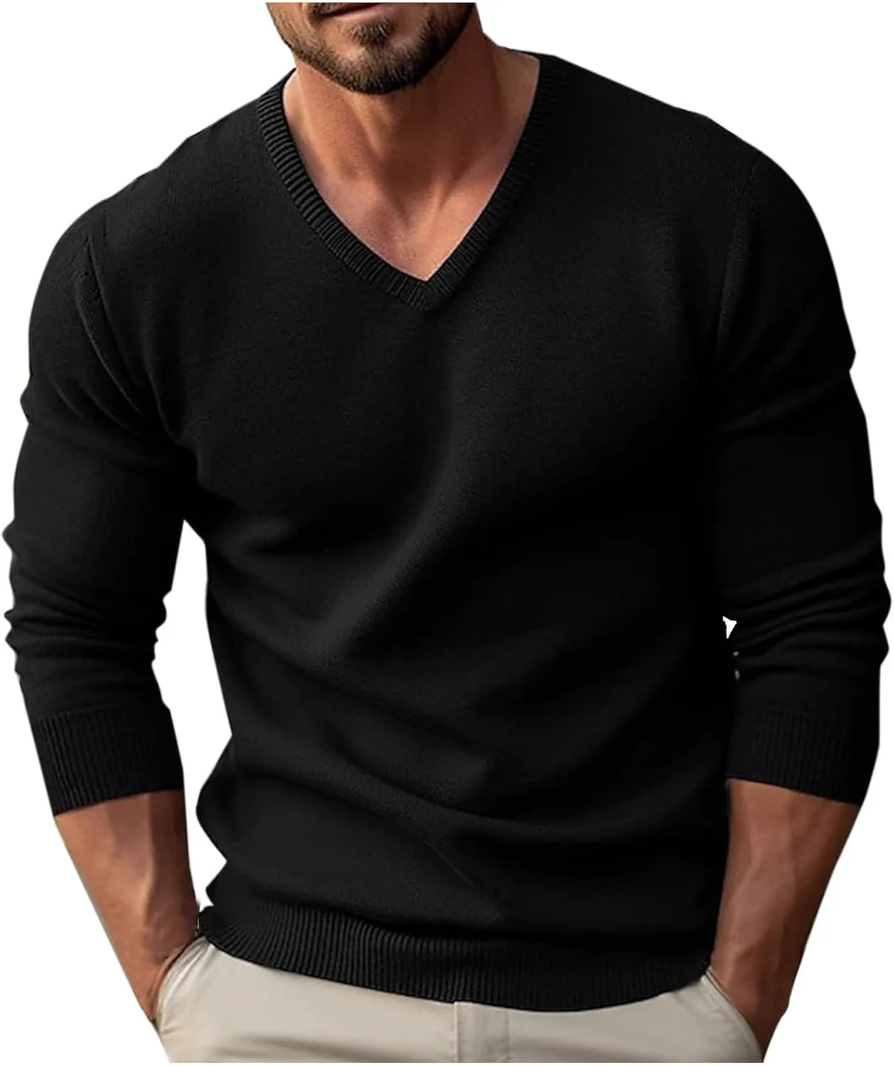 Мужской вязаный свитер с V-образным вырезом, длинный рукав, однотонный
Мужской вязаный свитер с V-образным вырезом, длинный рукав, однотонный