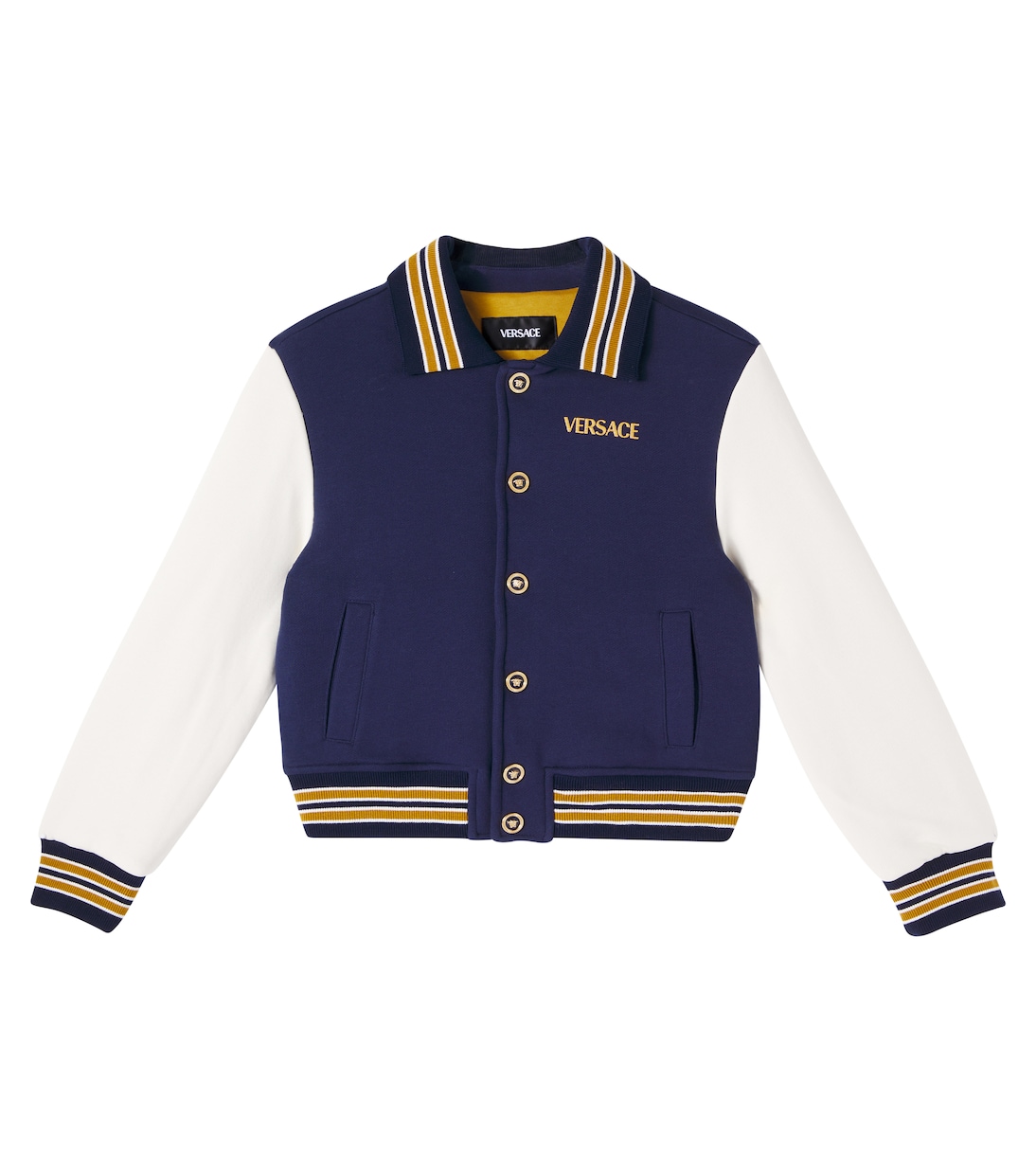Хлопковая университетская куртка с булавкой Versace Kids, Navy + Ivory + Spicy Honey
Хлопковая университетская куртка с булавкой Versace Kids, Navy + Ivory + Spicy Honey