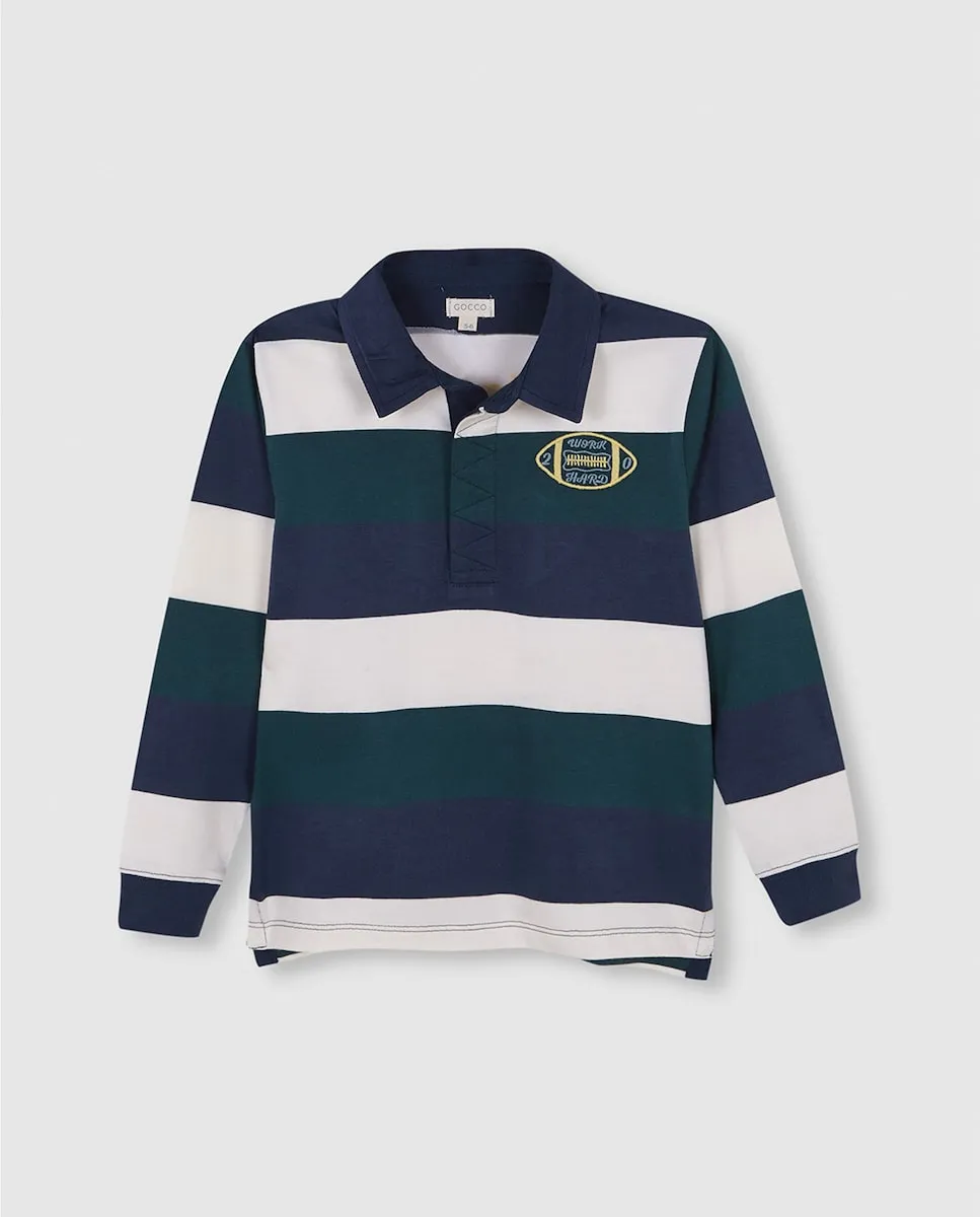 Детское поло в триколорную полоску синего цвета Gocco
Детское поло в триколорную полоску синего цвета Gocco