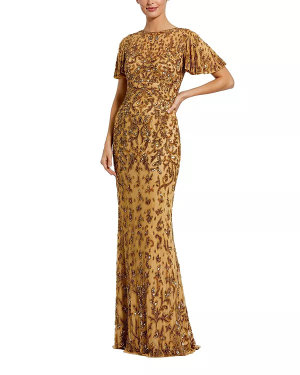 Платье с высоким воротником и рукавами-крылышками, украшенное декором. Mac Duggal, золотой
Платье с высоким воротником и рукавами-крылышками, украшенное декором. Mac Duggal, золотой