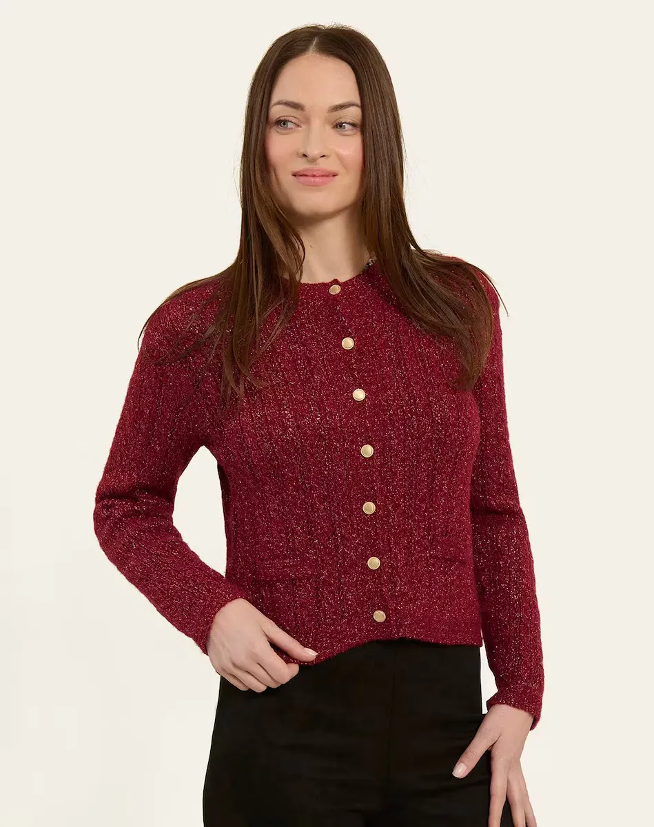 Женский плетеный кардиган с люрексом Naf Naf, бордовый
Женский плетеный кардиган с люрексом Naf Naf, бордовый